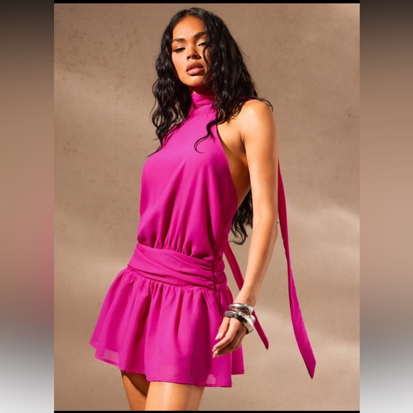 Hot pink Backless tie neck flowy halter Mini Dress XS Barbiecore resort vacation - Picture 1 of 12